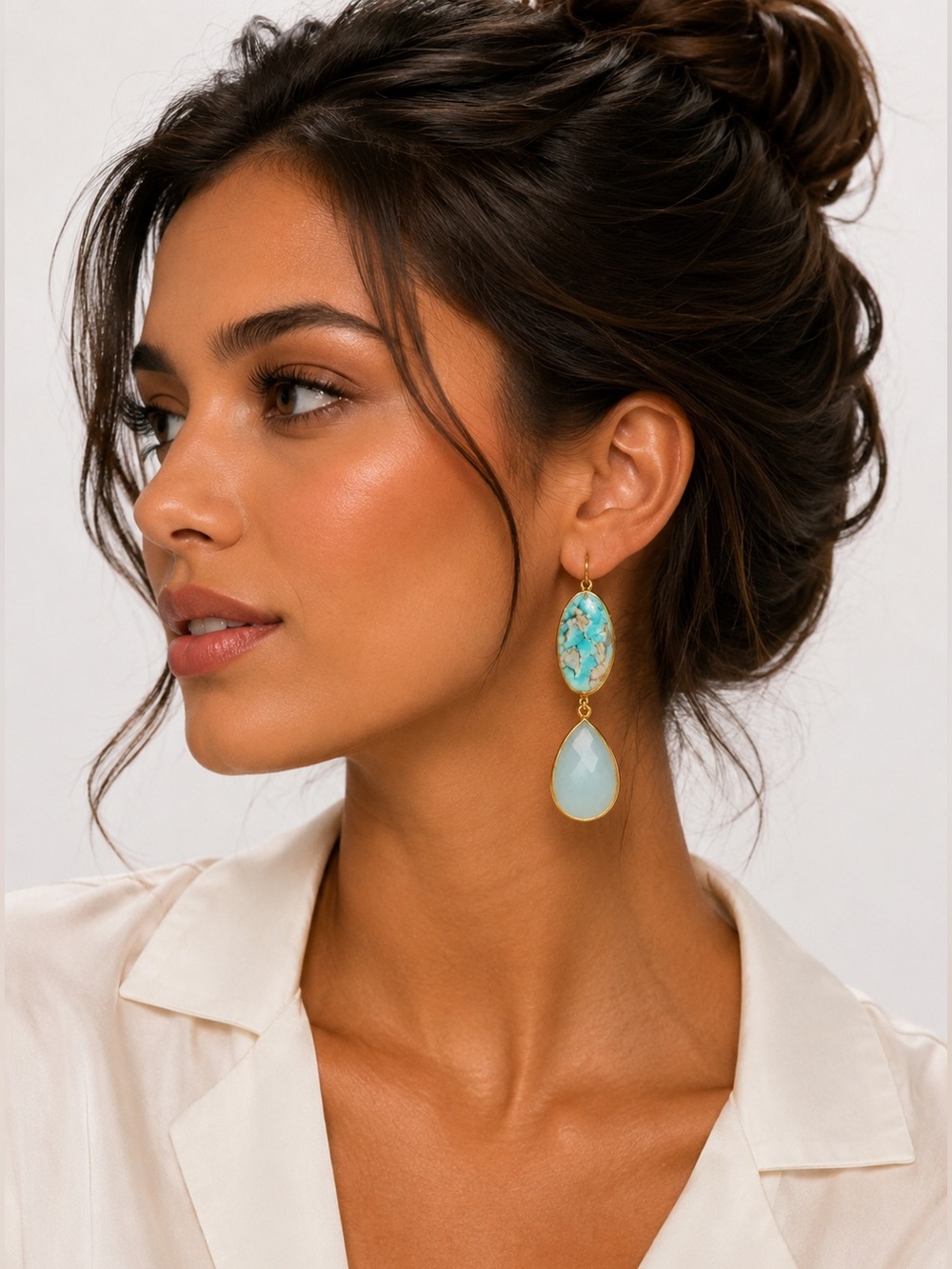 OOAK Gold Plated Turquoise Shell & Sage Glass Drop Earrings